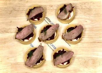 goats cheese tartlet with beetroot fig jam & duck (gf option) (each)